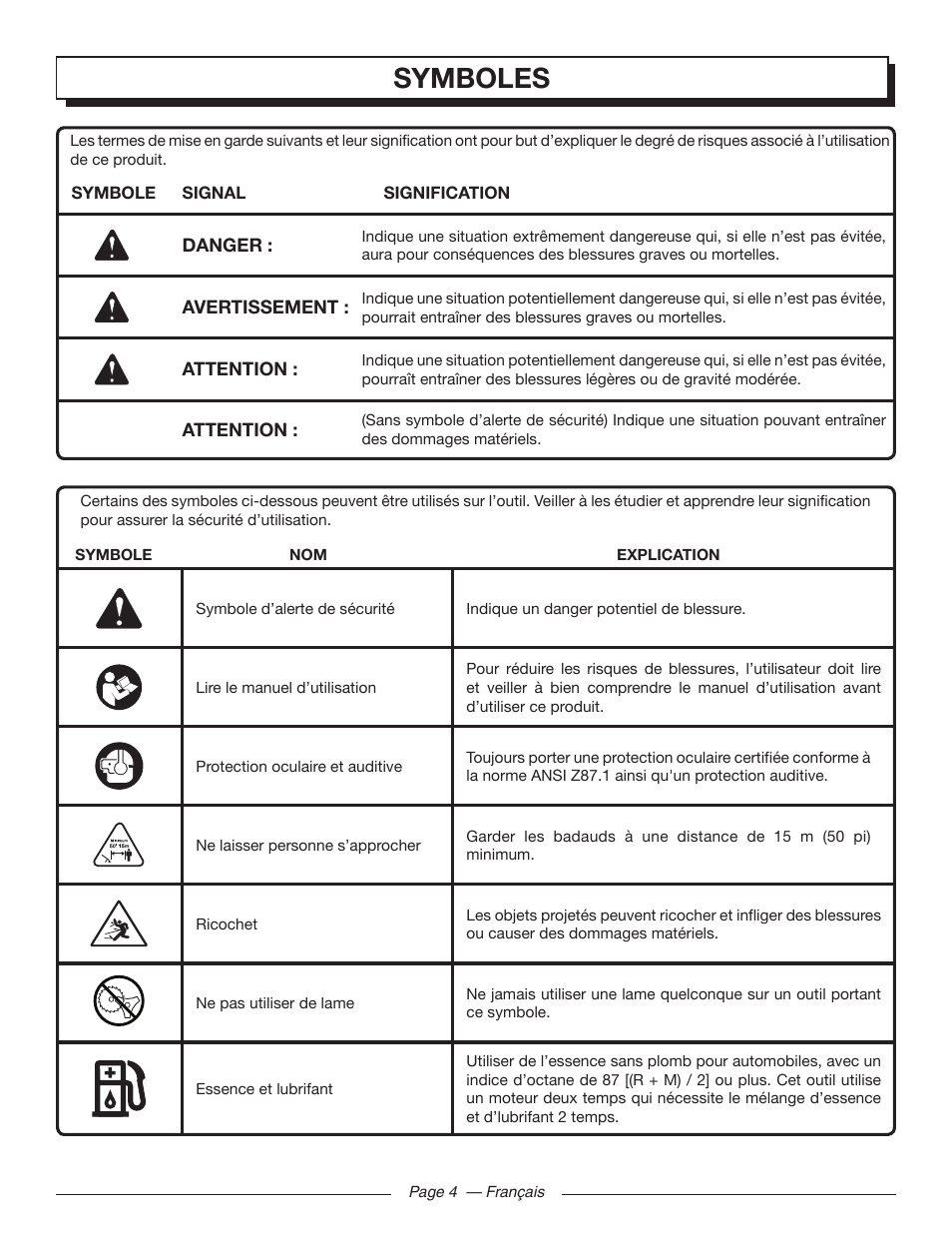 Symboles | Homelite UT32650 User Manual | Page 20 / 44