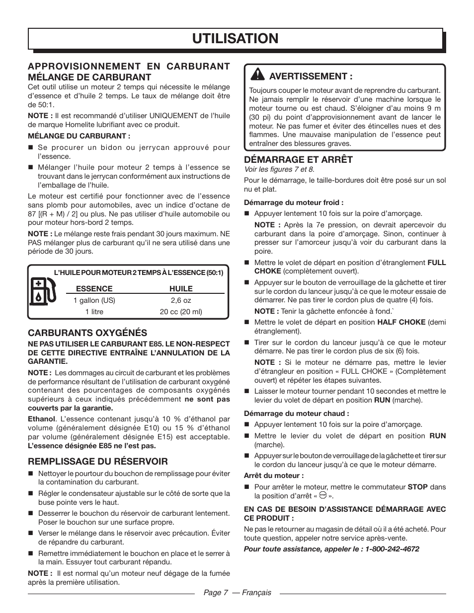 Utilisation, Avertissement, Démarrage et arrêt | Carburants oxygénés, Remplissage du réservoir | Homelite UT32650 User Manual | Page 23 / 44