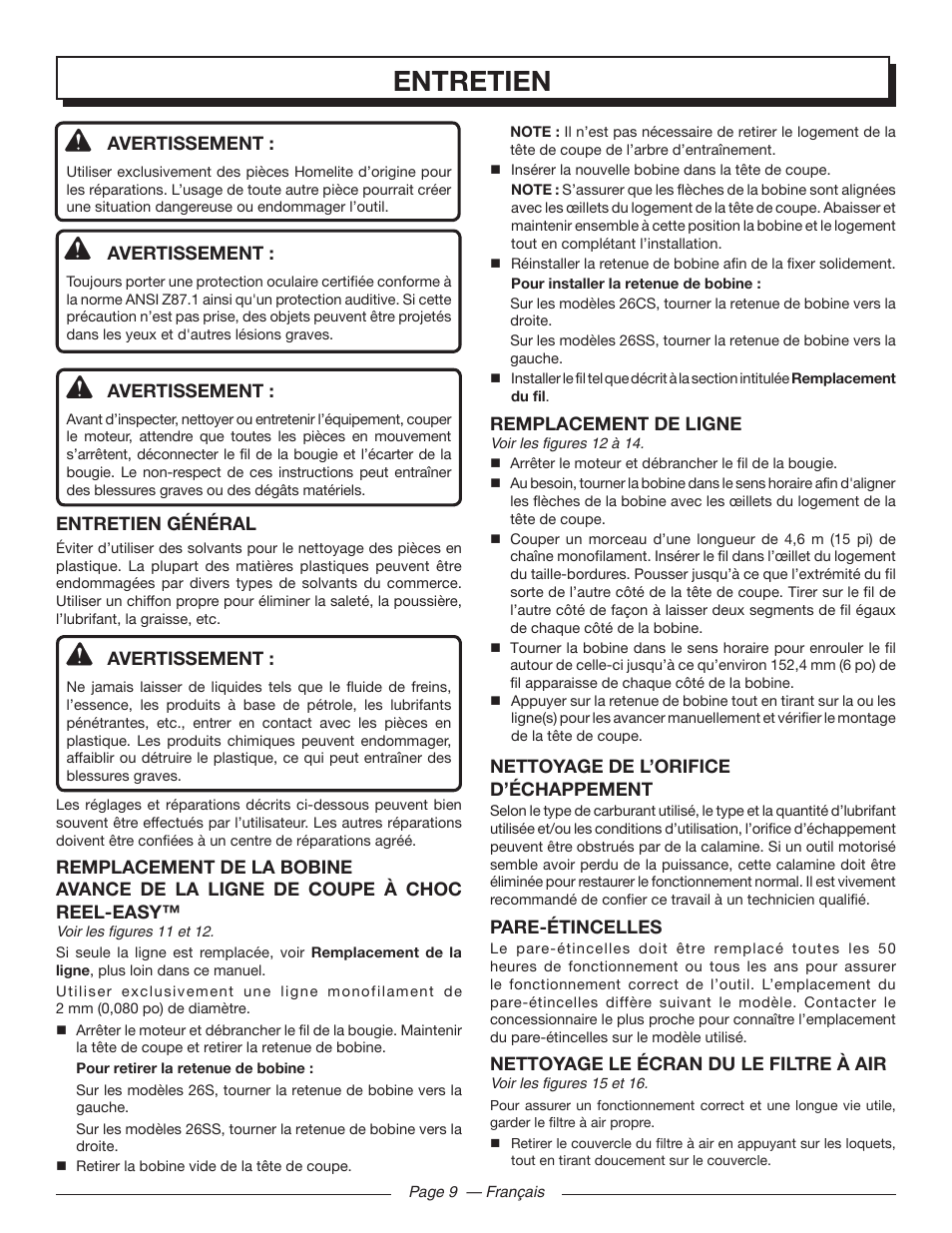 Entretien | Homelite UT32650 User Manual | Page 25 / 44