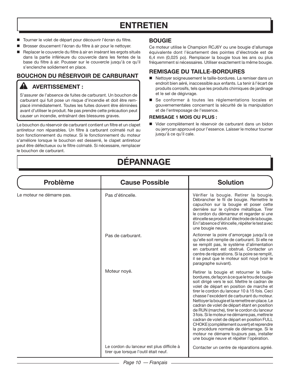 Dépannage, Entretien, Problème cause possible solution | Homelite UT32650 User Manual | Page 26 / 44