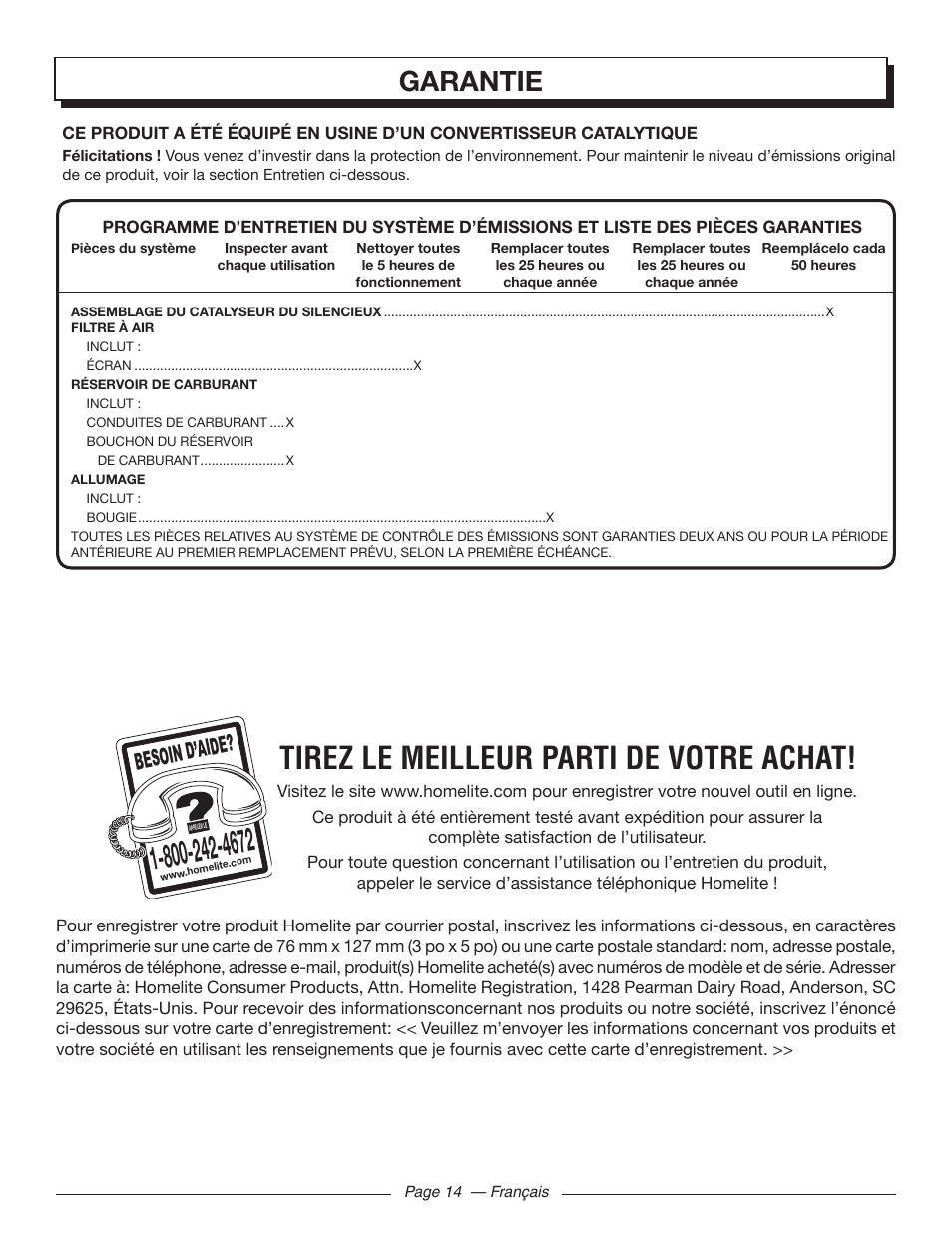 Tirez le meilleur parti de votre achat, Garantie, Besoin d’aid e | Homelite UT32650 User Manual | Page 30 / 44