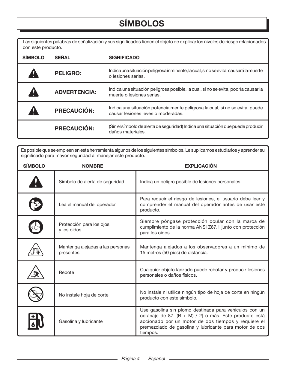 Símbolos | Homelite UT32650 User Manual | Page 32 / 44