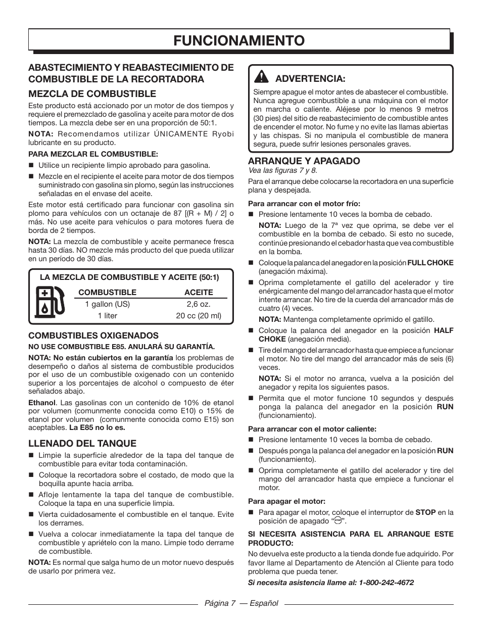 Funcionamiento, Advertencia, Arranque y apagado | Llenado del tanque | Homelite UT32650 User Manual | Page 35 / 44