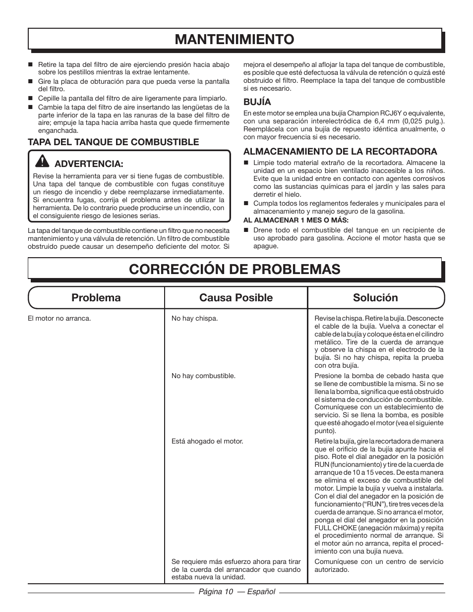 Corrección de problemas, Mantenimiento, Problema causa posible solución | Homelite UT32650 User Manual | Page 38 / 44
