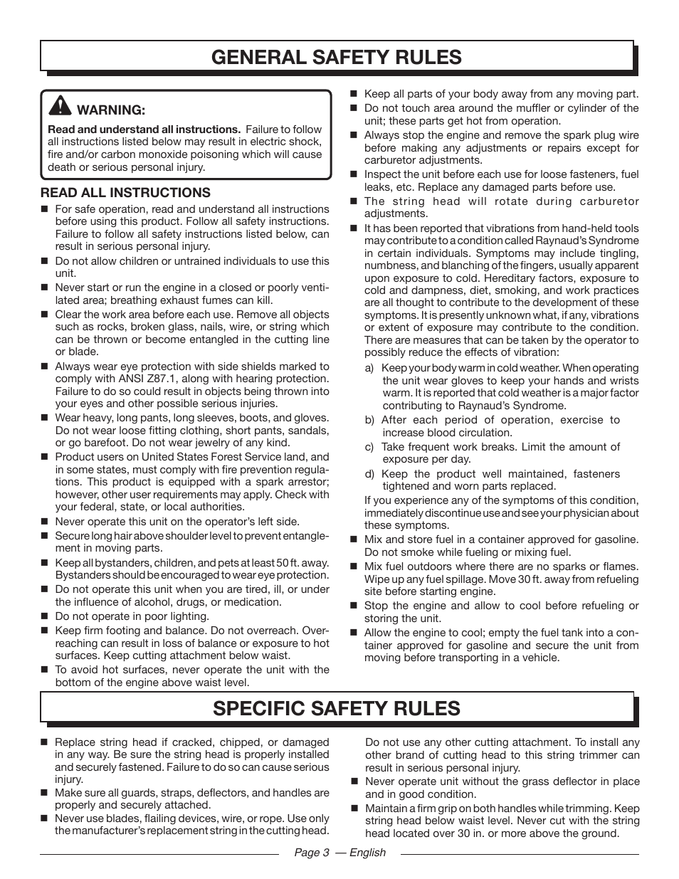 General safety rules, Specific safety rules | Homelite UT32650 User Manual | Page 7 / 44