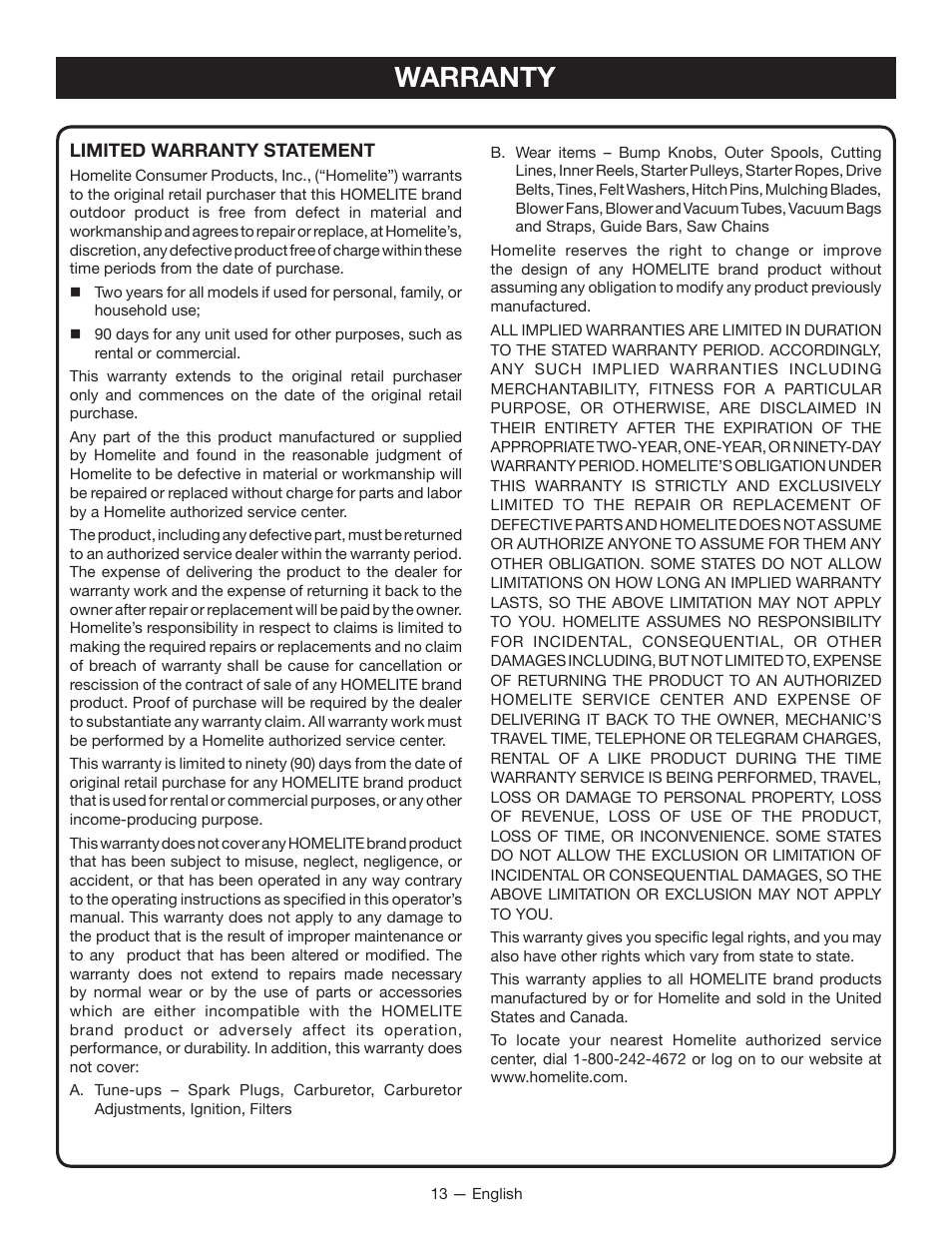 Warranty | Homelite UT49103 User Manual | Page 15 / 38