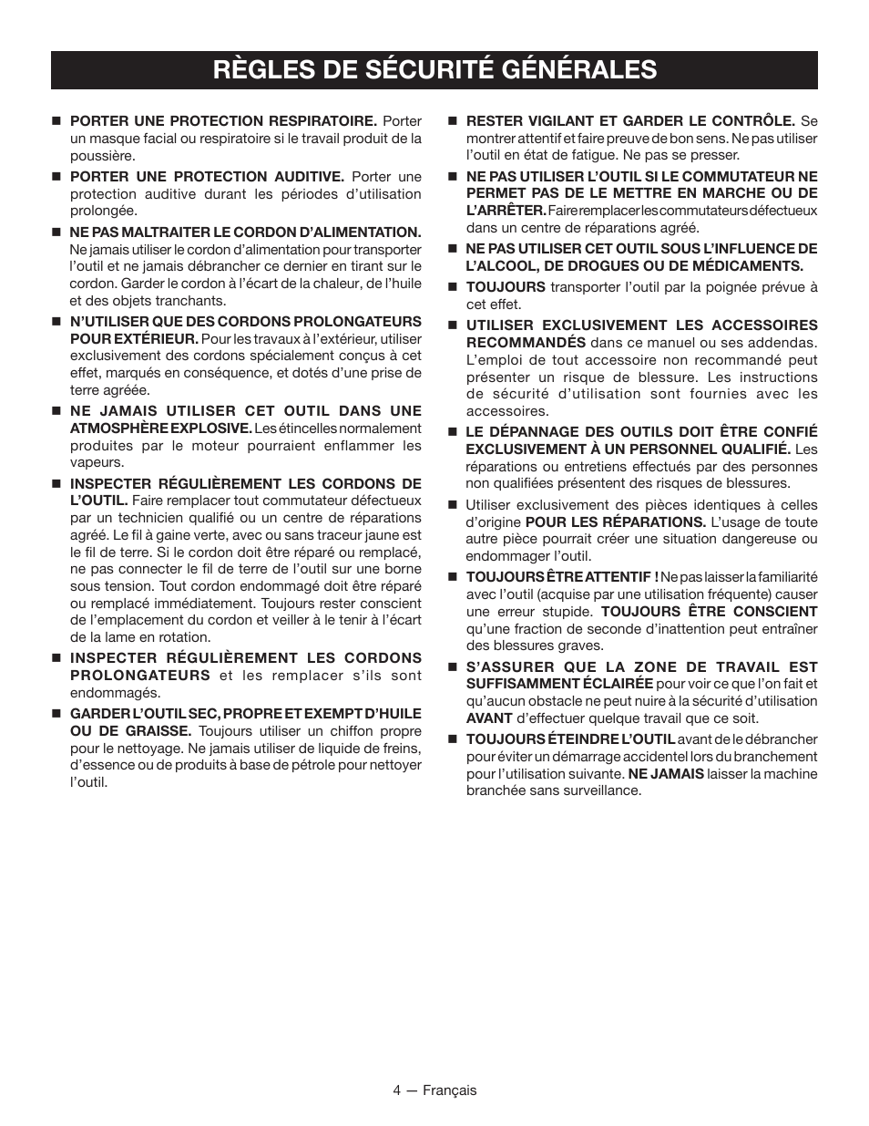 Règles de sécurité générales | Homelite UT49103 User Manual | Page 17 / 38