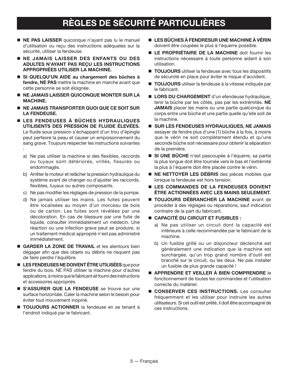 Règles de sécurité particulières | Homelite UT49103 User Manual | Page 18 / 38