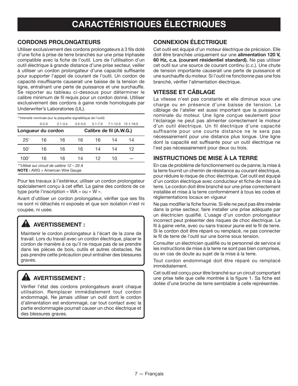 Caractéristiques électriques | Homelite UT49103 User Manual | Page 20 / 38