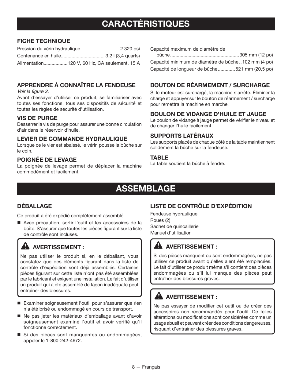 Caractéristiques assemblage | Homelite UT49103 User Manual | Page 21 / 38