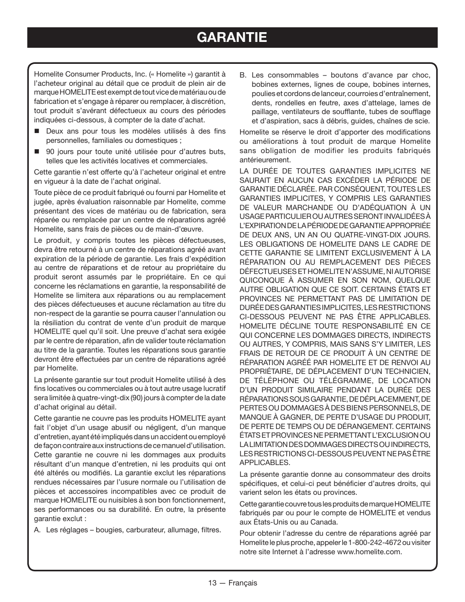 Garantie | Homelite UT49103 User Manual | Page 26 / 38