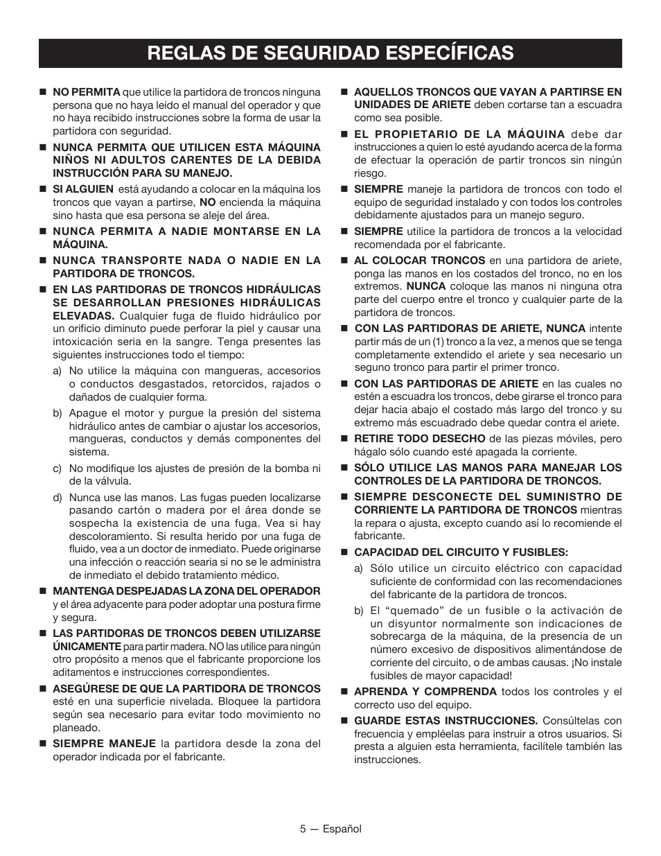 Reglas de seguridad específicas | Homelite UT49103 User Manual | Page 29 / 38