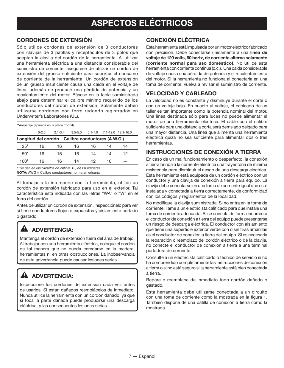 Aspectos eléctricos, Conexión eléctrica, Velocidad y cableado | Instrucciones de conexión a tierra, Cordones de extensión, Advertencia | Homelite UT49103 User Manual | Page 31 / 38