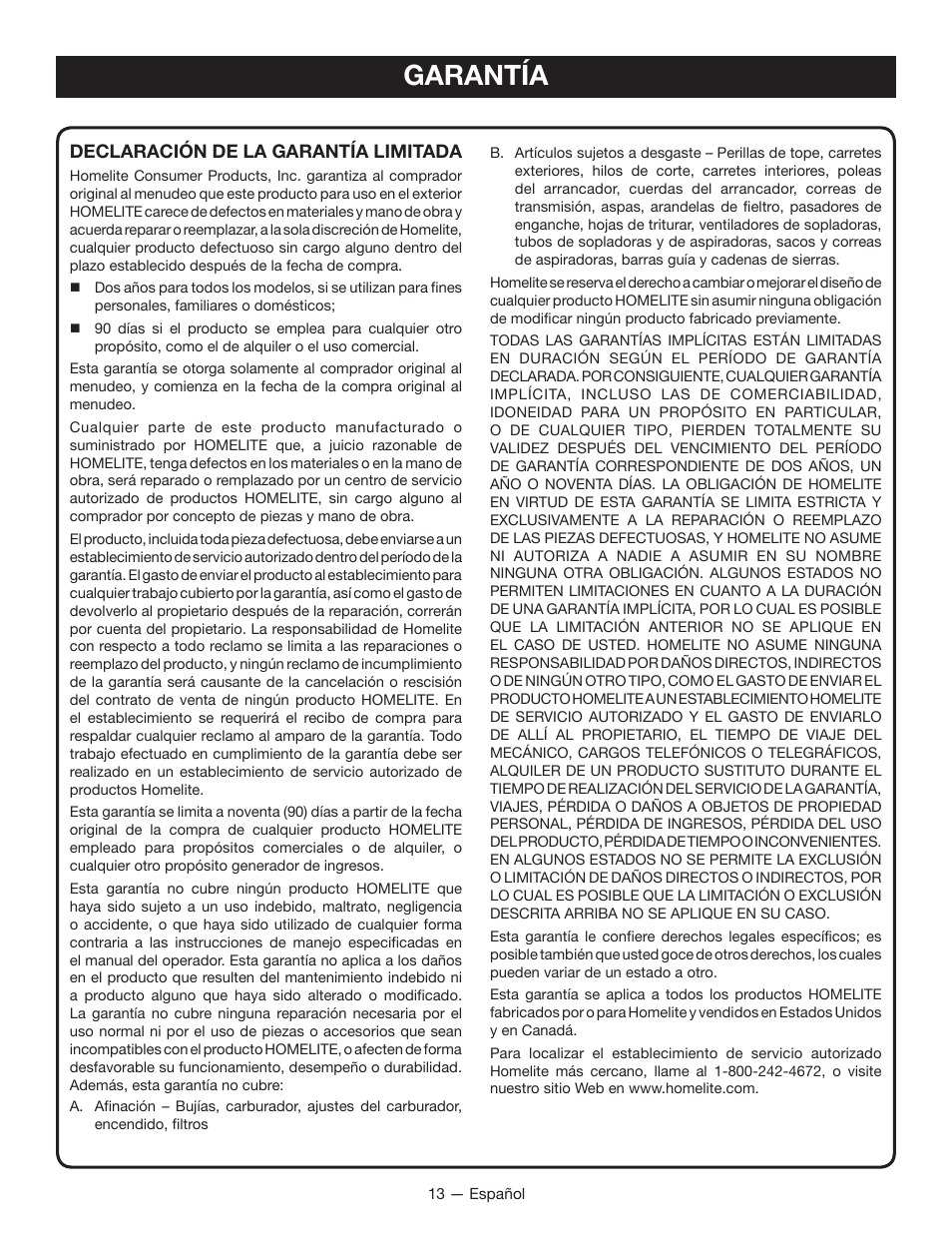 Garantía | Homelite UT49103 User Manual | Page 37 / 38