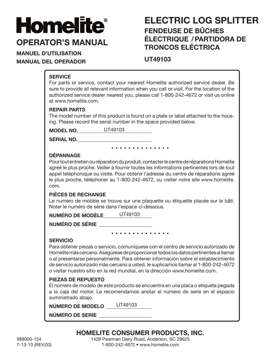 Electric log splitter, Operator’s manual | Homelite UT49103 User Manual | Page 38 / 38