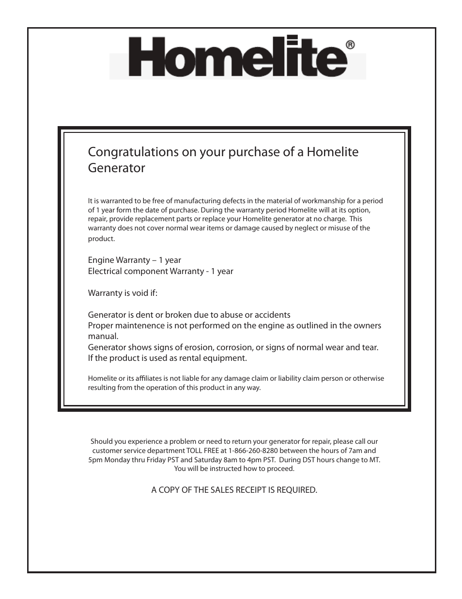 Generator warranty | Homelite ELECTRIC GENERATOR User Manual | Page 2 / 17