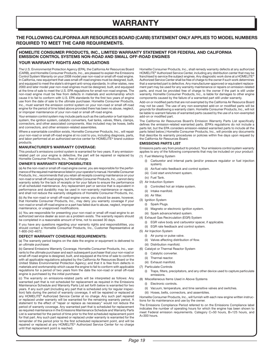 Warranty, Page 1 | Homelite MIGHTYLITE UT50901 User Manual | Page 19 / 22