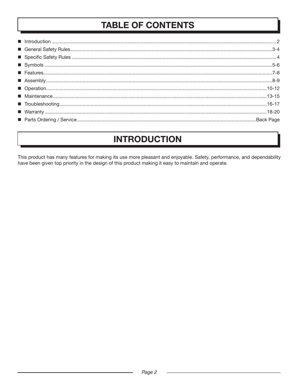 Introduction table of contents | Homelite MIGHTYLITE UT50901 User Manual | Page 2 / 22