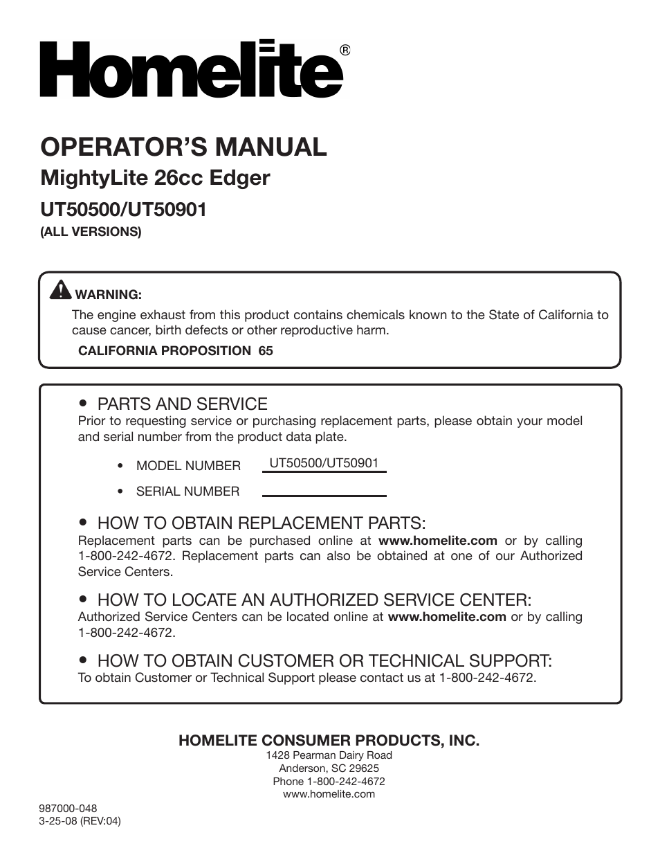 Operator’s manual, Mightylite 26cc edger | Homelite MIGHTYLITE UT50901 User Manual | Page 22 / 22
