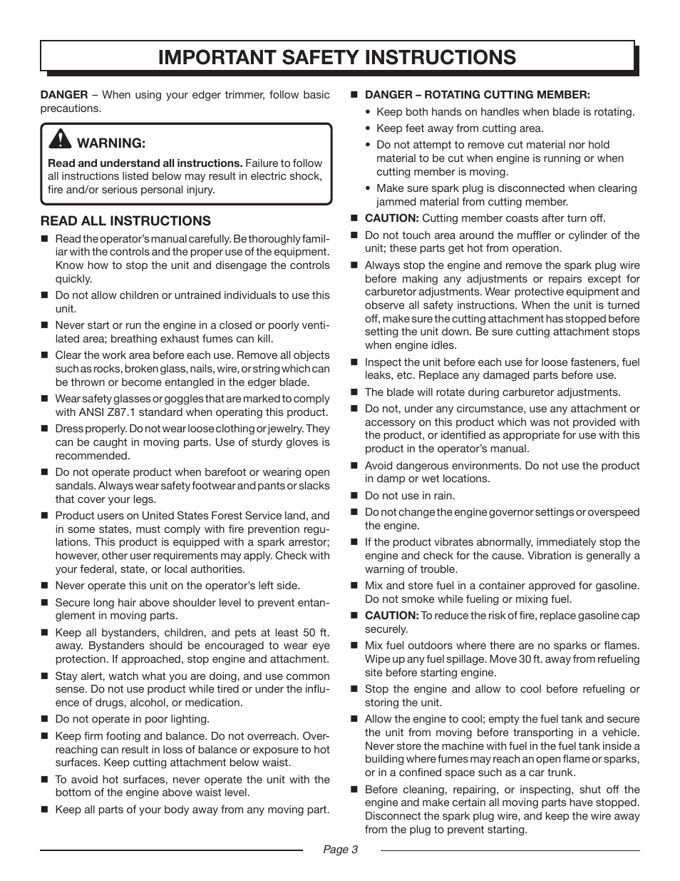 Important safety instructions | Homelite MIGHTYLITE UT50901 User Manual | Page 3 / 22