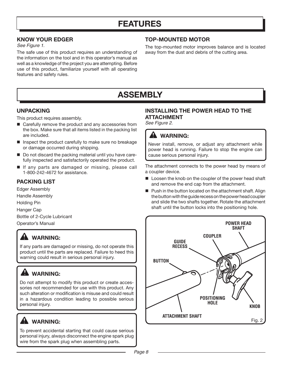 Features, Assembly | Homelite MIGHTYLITE UT50901 User Manual | Page 8 / 22