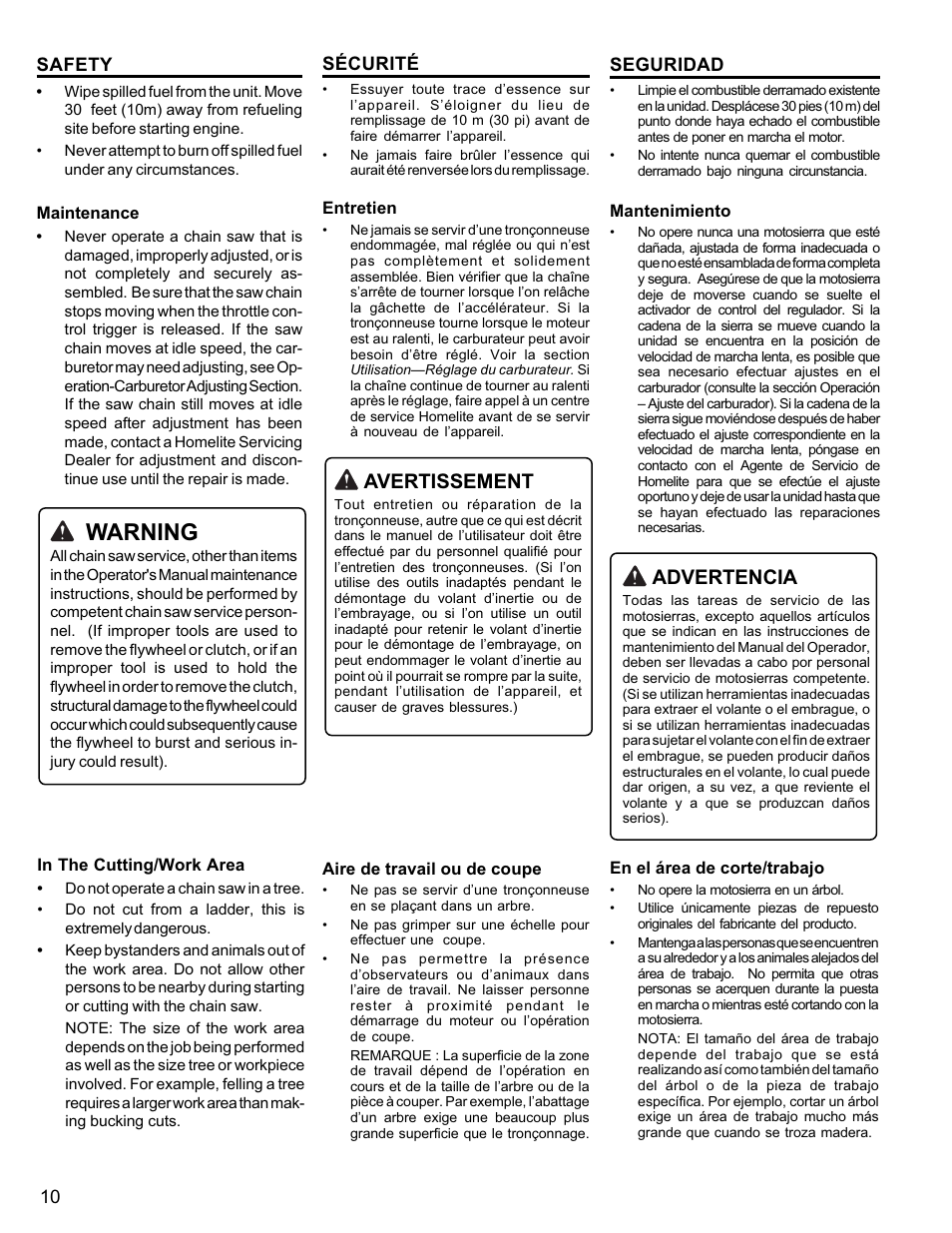 Warning, Advertencia, Avertissement | Homelite UT10946 User Manual | Page 10 / 72