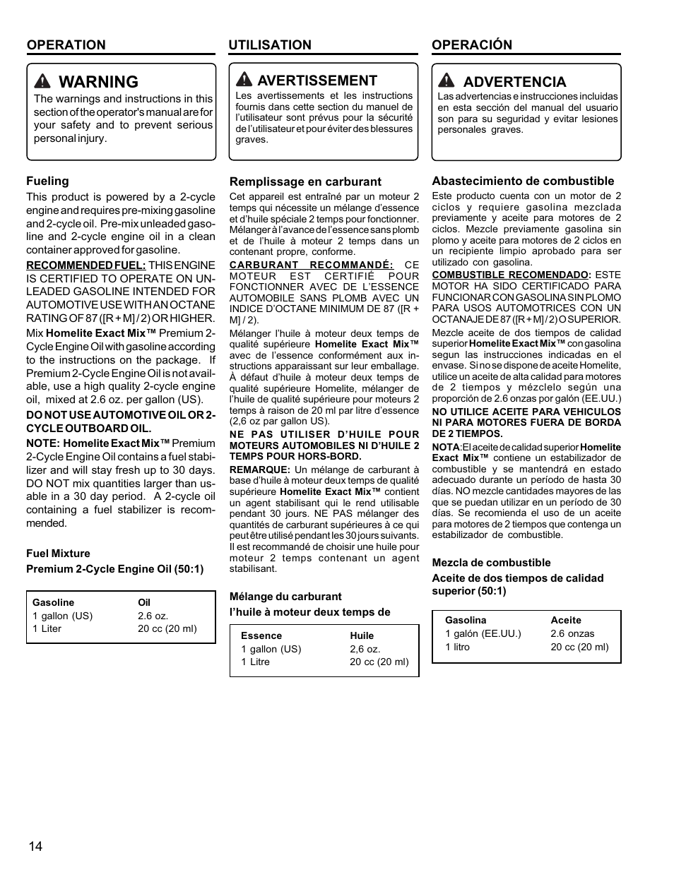 Warning, Avertissement, Advertencia | Homelite UT10946 User Manual | Page 14 / 72