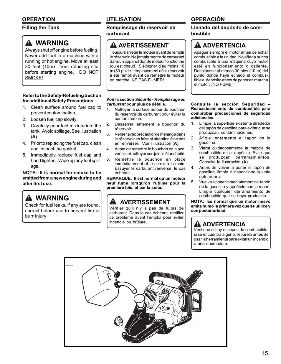 Warning, Avertissement, Advertencia | Homelite UT10946 User Manual | Page 15 / 72