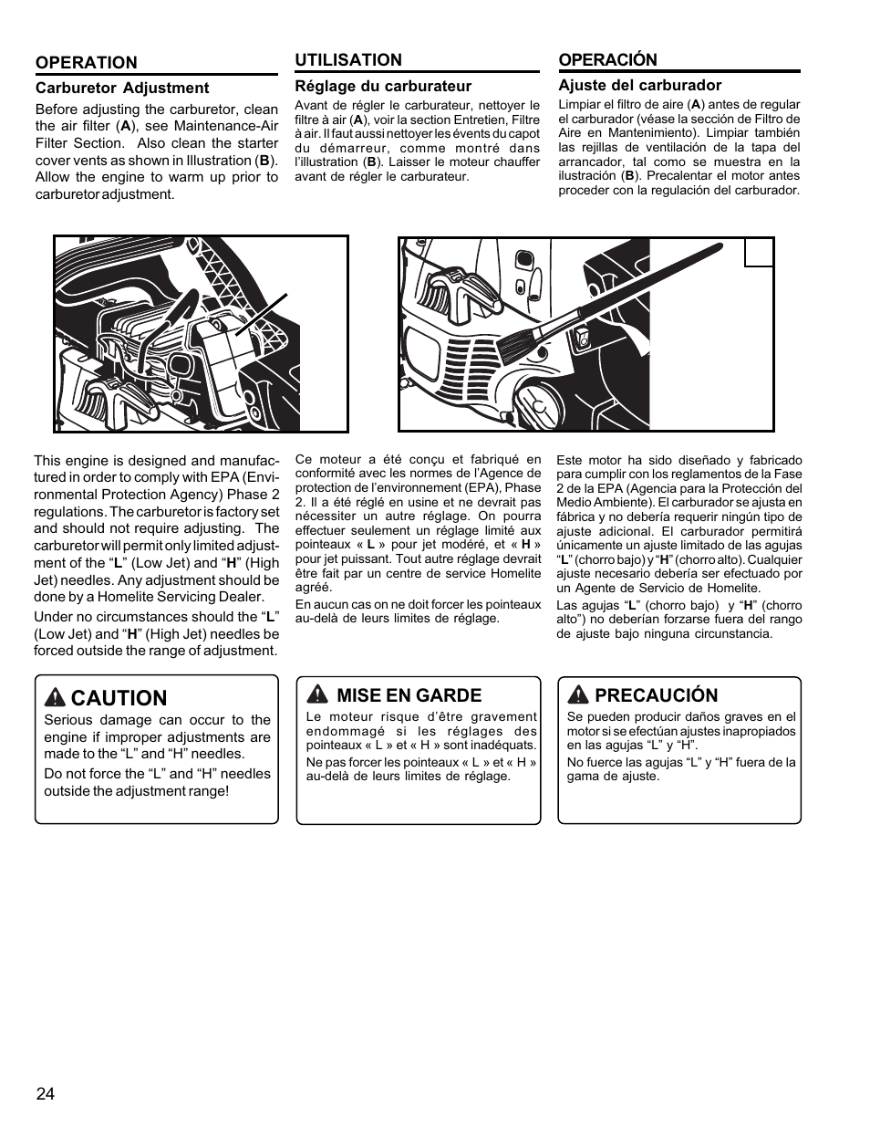 Caution | Homelite UT10946 User Manual | Page 24 / 72