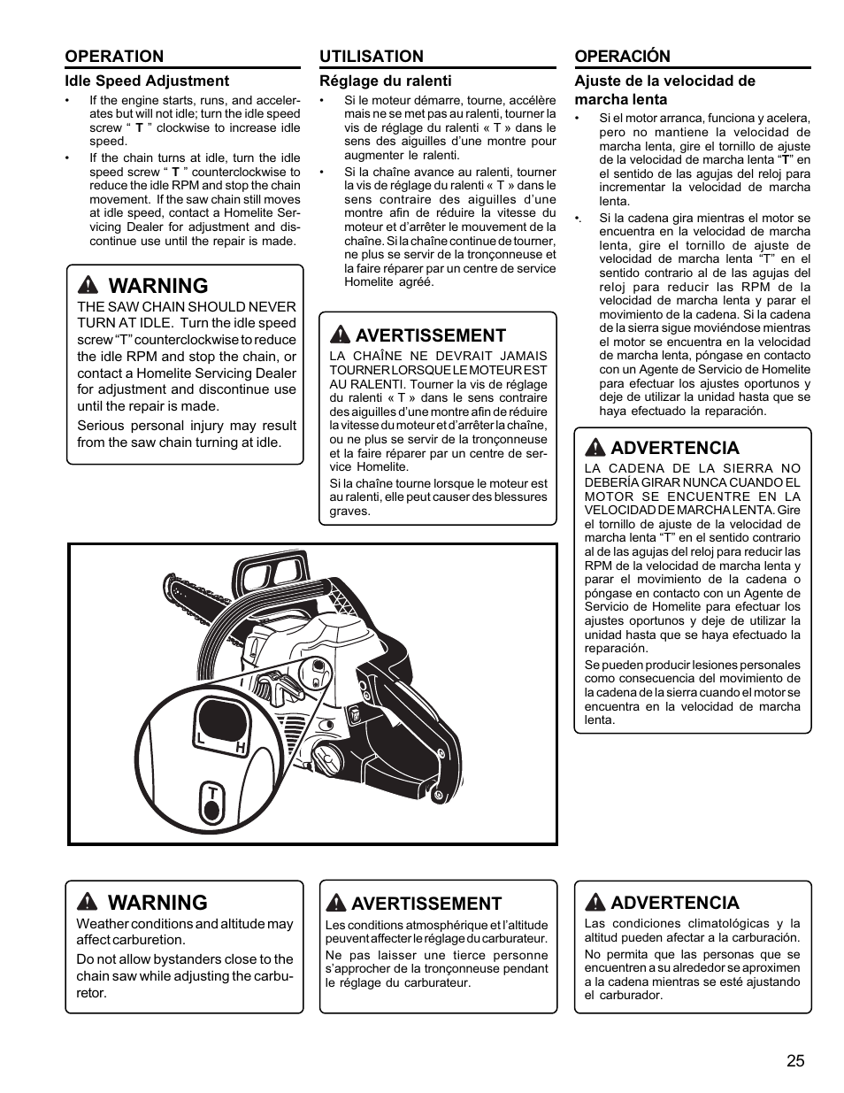 Warning, Avertissement, Advertencia | Homelite UT10946 User Manual | Page 25 / 72