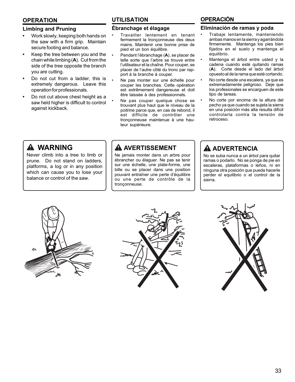 Warning, Avertissement, Advertencia | Homelite UT10946 User Manual | Page 33 / 72