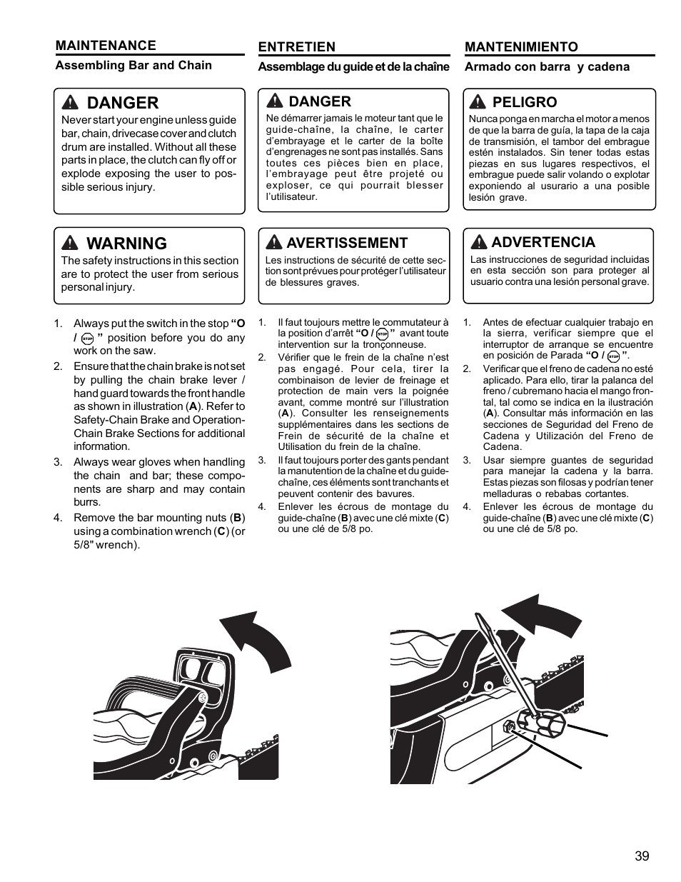 Warning, Danger, Peligro | Avertissement, Advertencia | Homelite UT10946 User Manual | Page 39 / 72