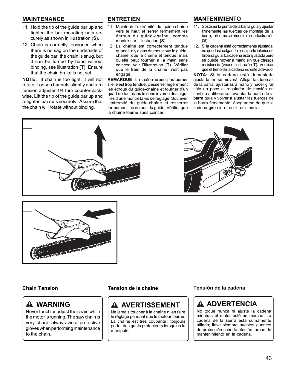 Warning, Avertissement, Advertencia | Homelite UT10946 User Manual | Page 43 / 72