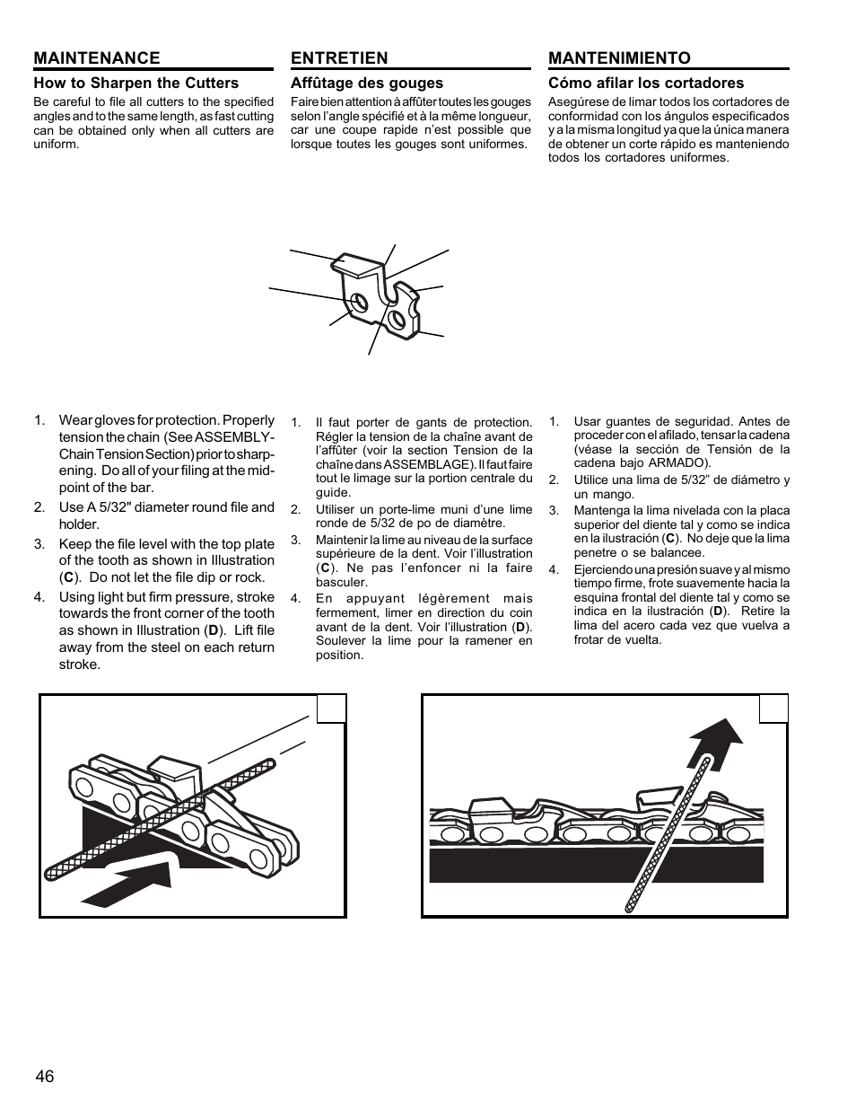 46 maintenance, Entretien, Mantenimiento | How to sharpen the cutters, Affûtage des gouges, Cómo afilar los cortadores | Homelite UT10946 User Manual | Page 46 / 72