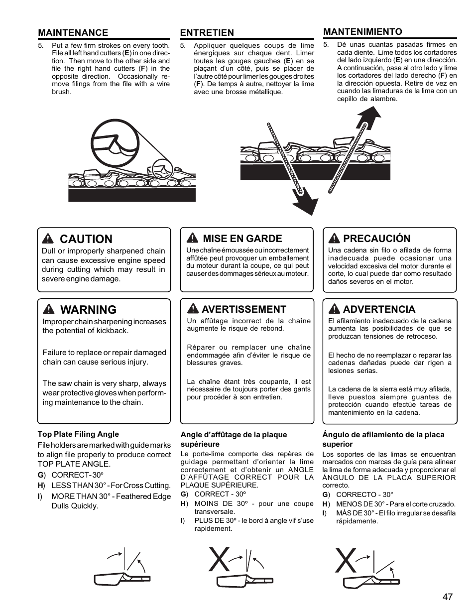 Hi g, Warning, Caution | Avertissement, Mise en garde, Advertencia, Precaución | Homelite UT10946 User Manual | Page 47 / 72