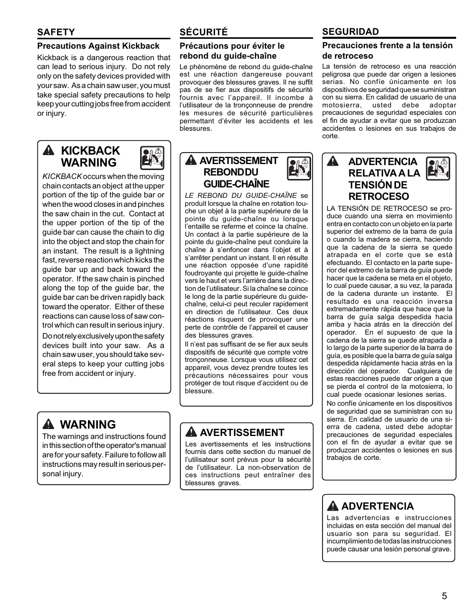 Kickback warning, Warning | Homelite UT10946 User Manual | Page 5 / 72