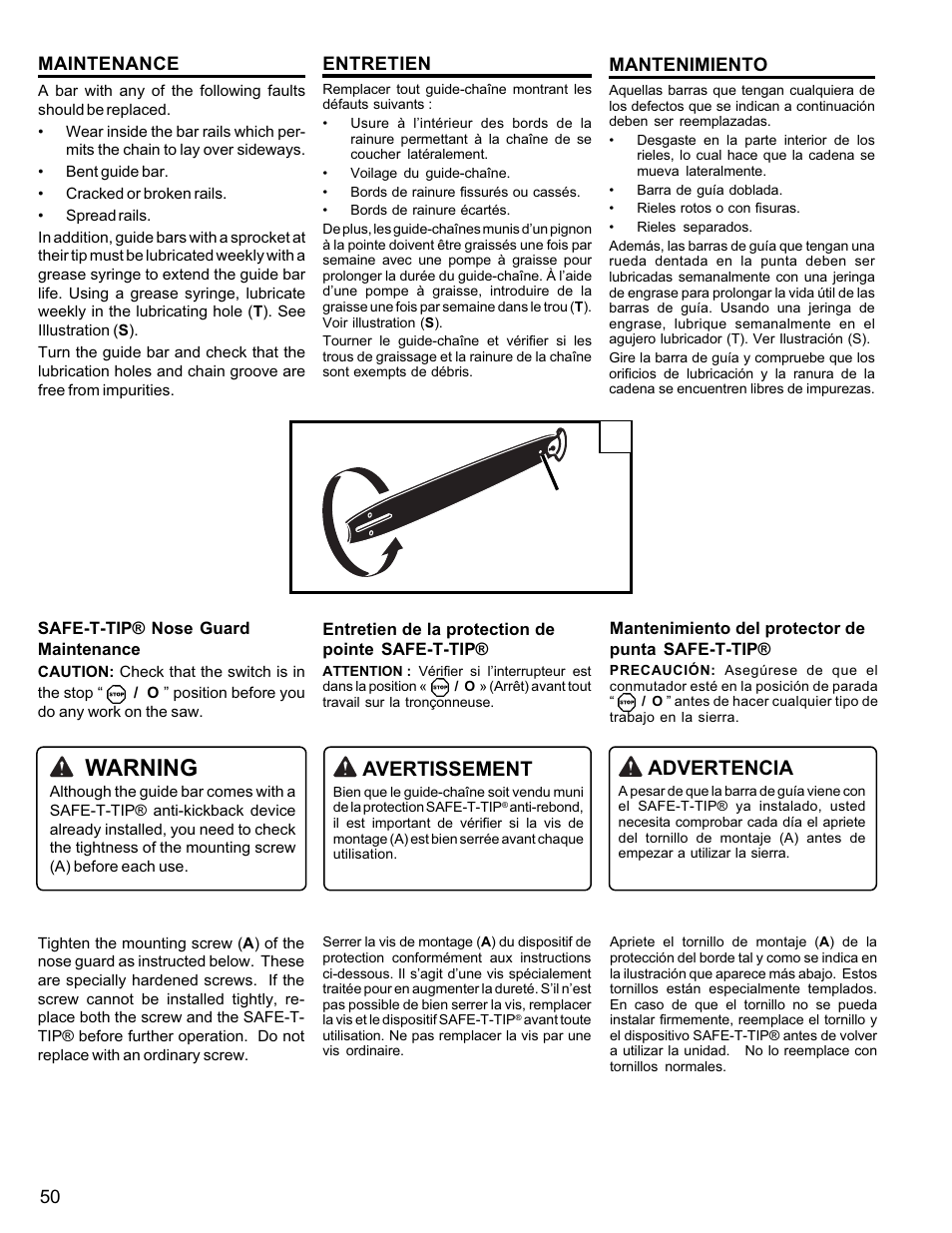 Warning, Avertissement, Advertencia | Homelite UT10946 User Manual | Page 50 / 72