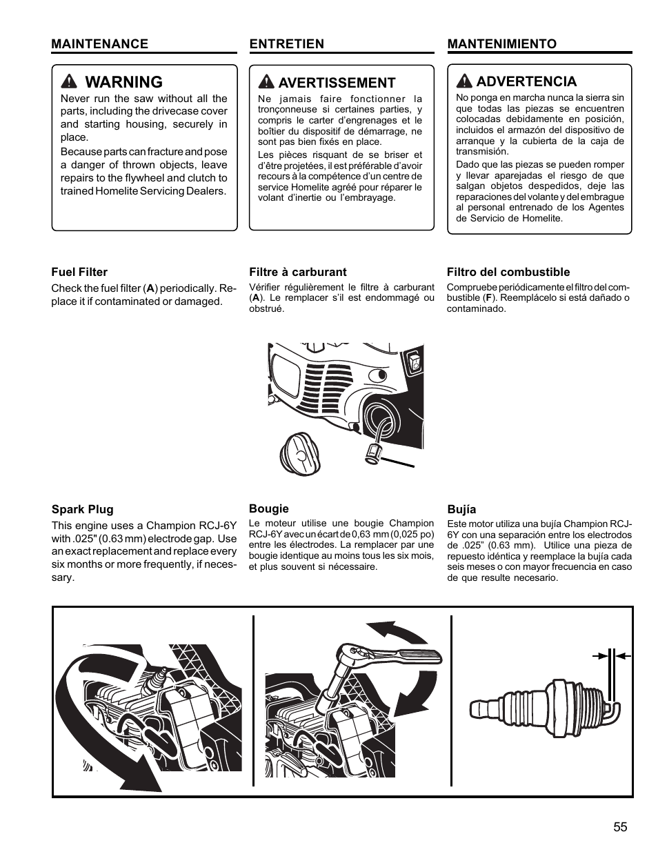 Warning, Avertissement, Advertencia | Homelite UT10946 User Manual | Page 55 / 72