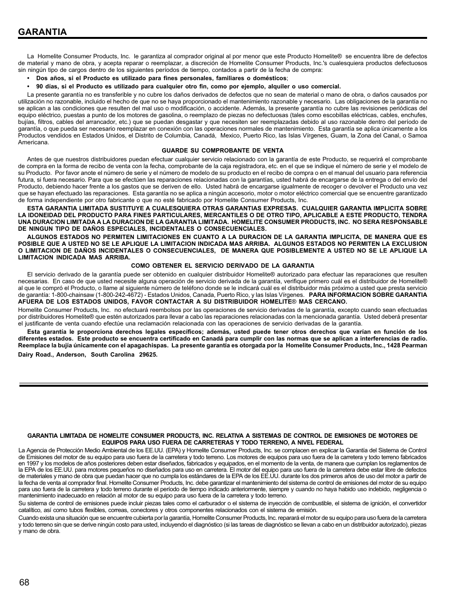 68 garantia | Homelite UT10946 User Manual | Page 68 / 72