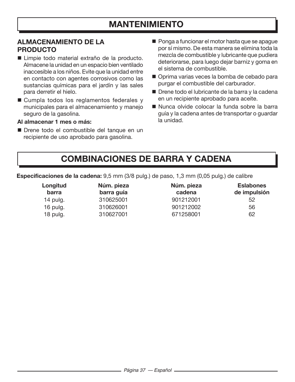 Mantenimiento, Combinaciones de barra y cadena | Homelite UT10585 User Manual | Page 117 / 124