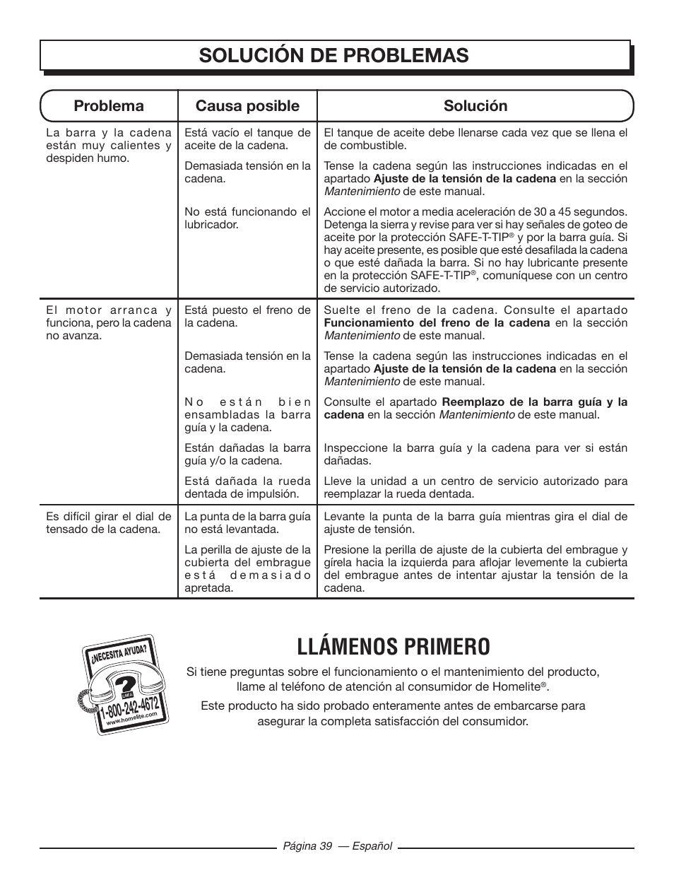 Llámenos primero, Solución de problemas, Problema causa posible solución | Homelite UT10585 User Manual | Page 119 / 124
