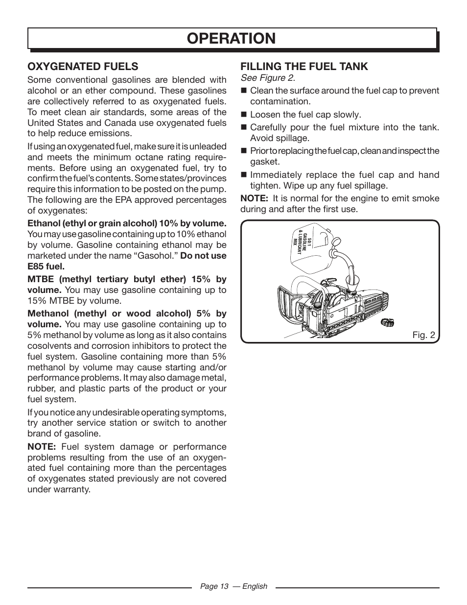 Operation, Oxygenated fuels, Filling the fuel tank | Homelite UT10585 User Manual | Page 13 / 124