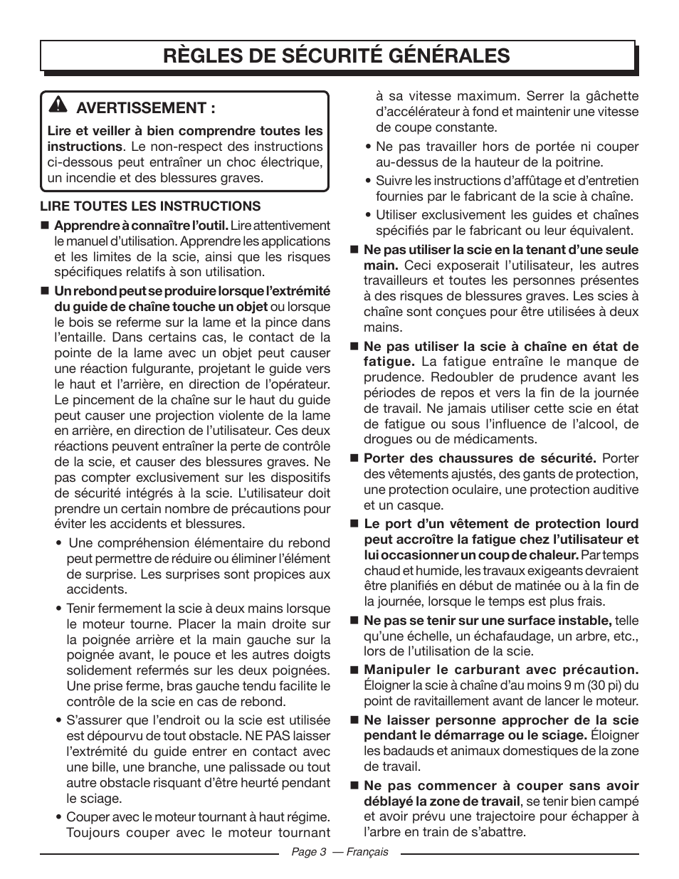 Règles de sécurité générales | Homelite UT10585 User Manual | Page 43 / 124