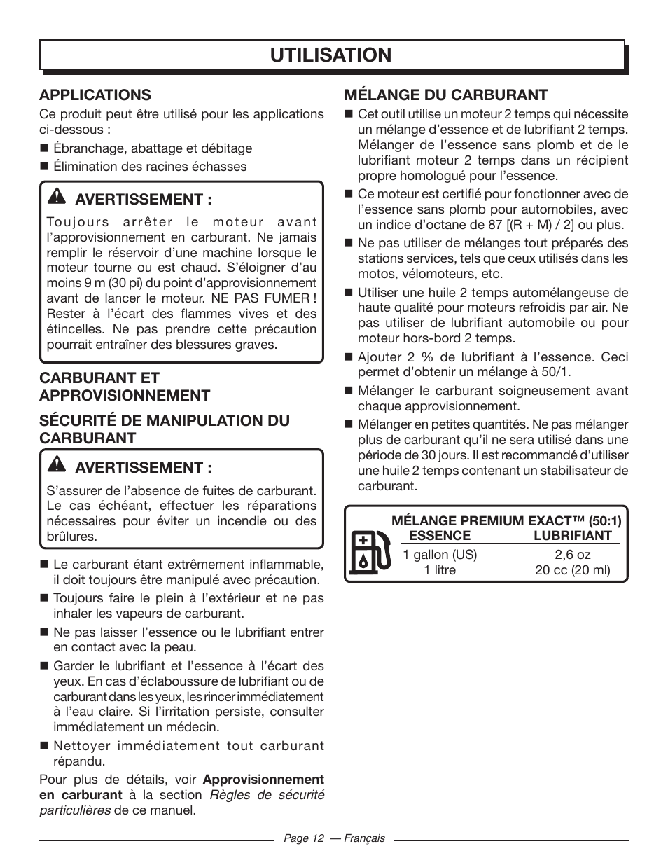 Utilisation | Homelite UT10585 User Manual | Page 52 / 124