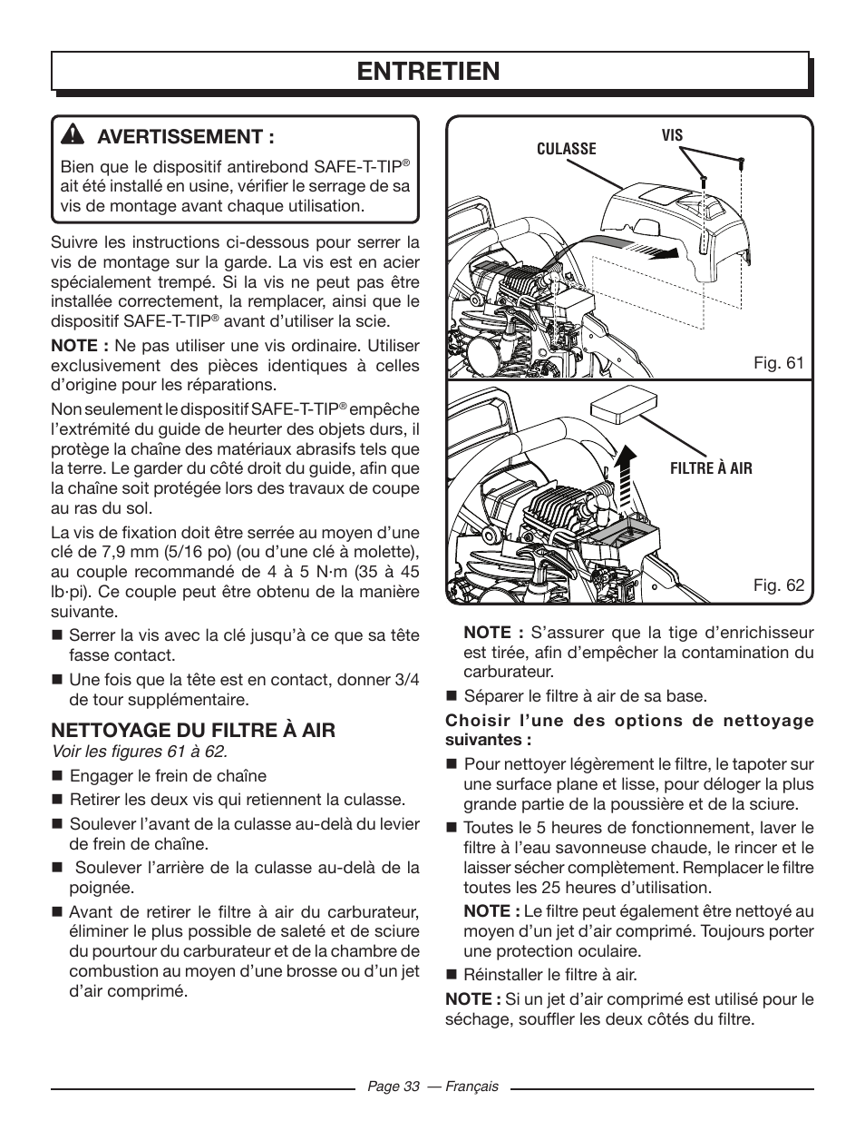 Entretien, Avertissement, Nettoyage du filtre à air | Homelite UT10585 User Manual | Page 73 / 124