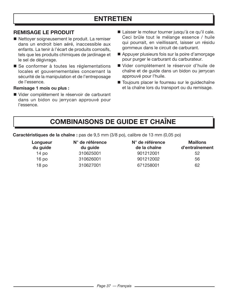 Entretien, Combinaisons de guide et chaîne | Homelite UT10585 User Manual | Page 77 / 124