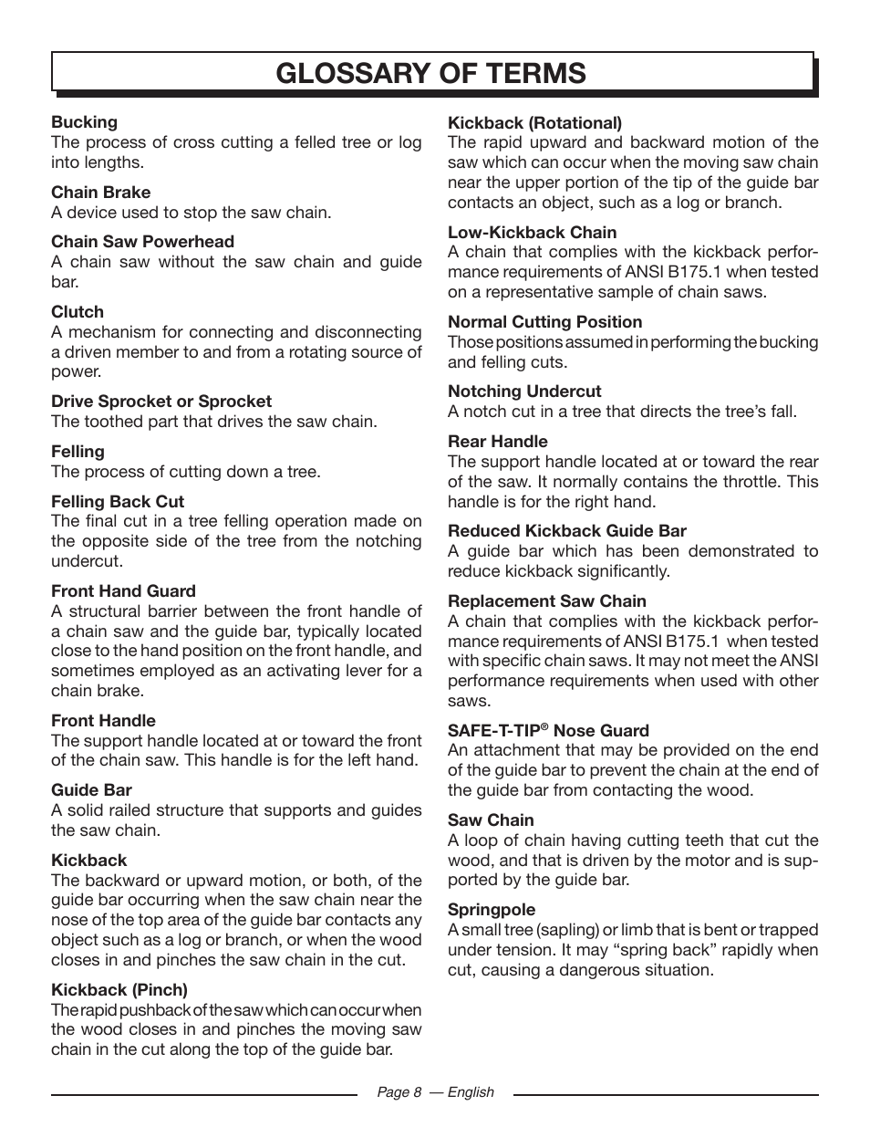 Glossary of terms | Homelite UT10585 User Manual | Page 8 / 124
