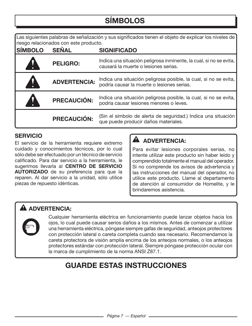 Guarde estas instrucciones, Símbolos | Homelite UT10585 User Manual | Page 87 / 124