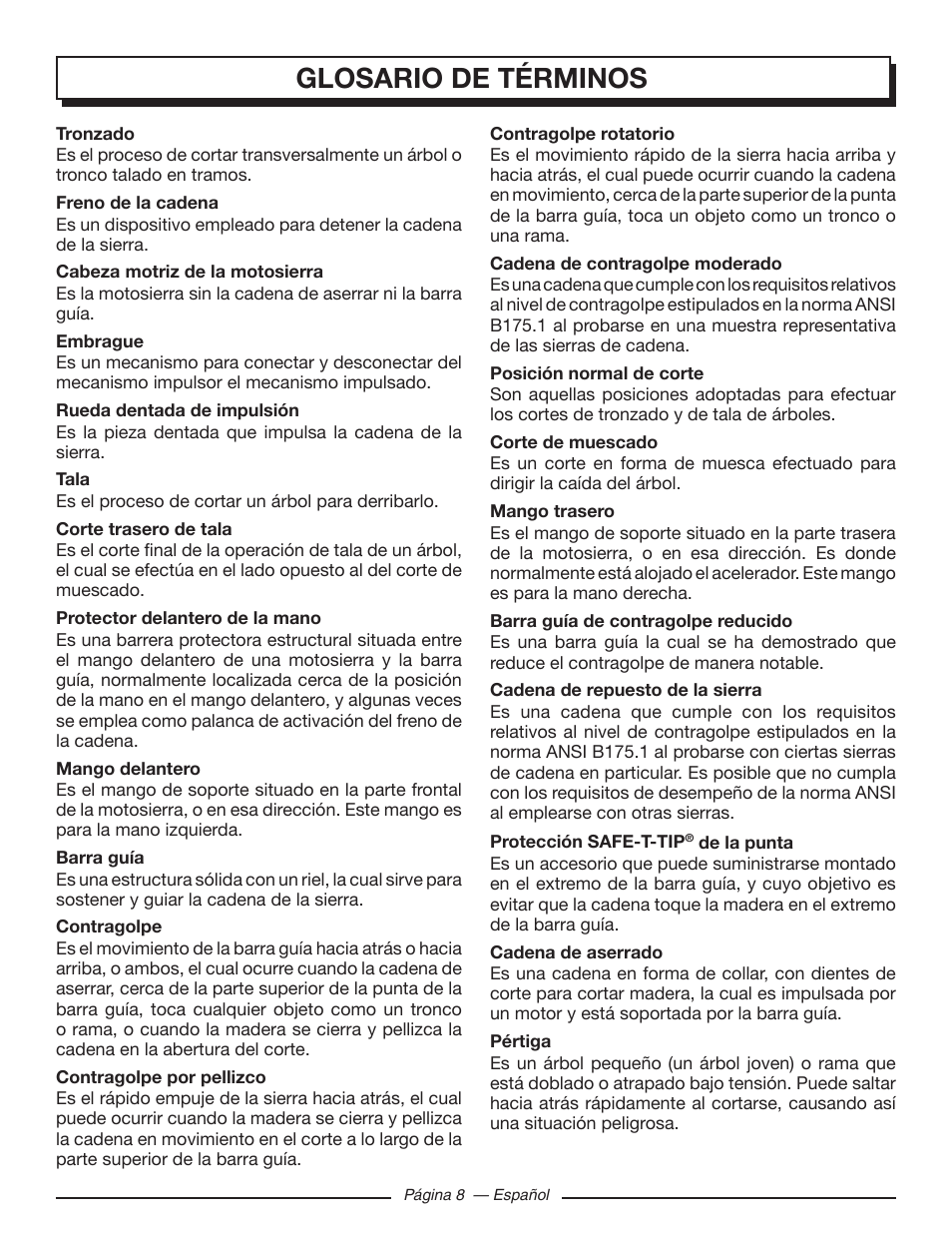 Glosario de términos | Homelite UT10585 User Manual | Page 88 / 124