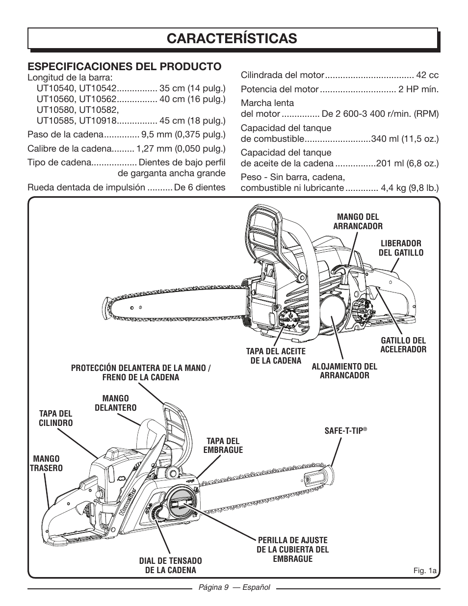 Características, Especificaciones del producto | Homelite UT10585 User Manual | Page 89 / 124